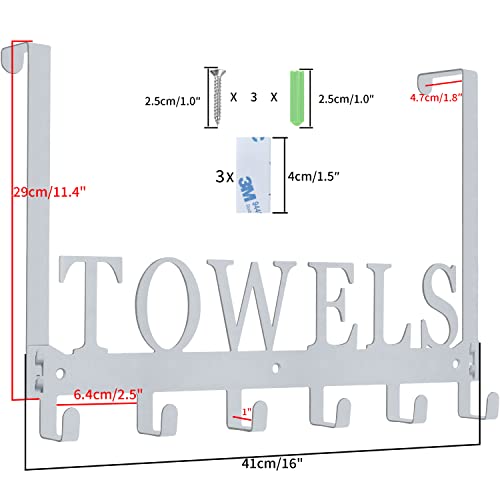 Kuhome Over The Door Hooks, Towel Rack for Bathroom, Door Mount Towel Hooks Bath Towel Hanger for Bedroom Kitchen Pool Beach Towels Bathrobe Wall Mount Towel Holder for Bathrooms (6 Hooks, Silver Grey) - Image 3