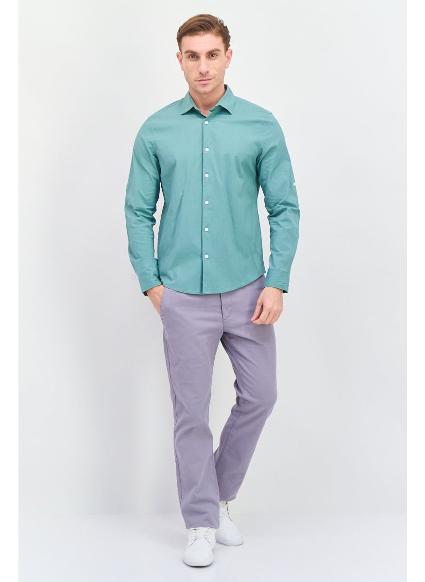 PERRY ELLIS Men Stretch Fit Solid Long Sleeves Casual Shirt, Sage Green  - Image 4