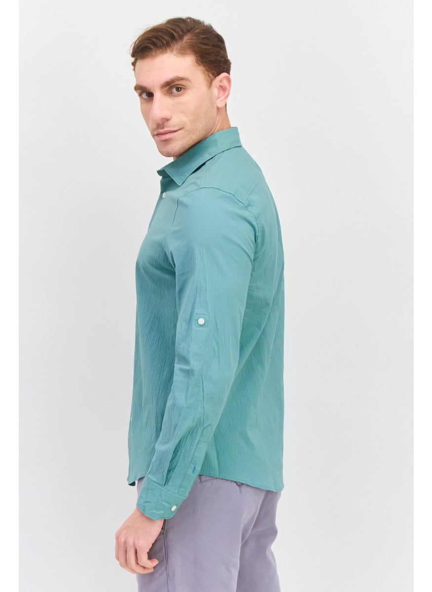 PERRY ELLIS Men Stretch Fit Solid Long Sleeves Casual Shirt, Sage Green  - Image 2