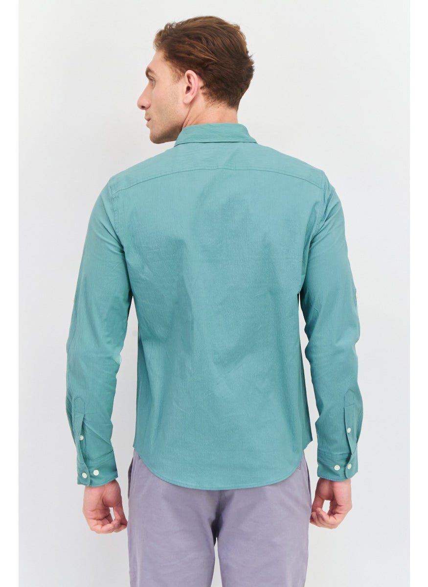 PERRY ELLIS Men Stretch Fit Solid Long Sleeves Casual Shirt, Sage Green  - Image 3