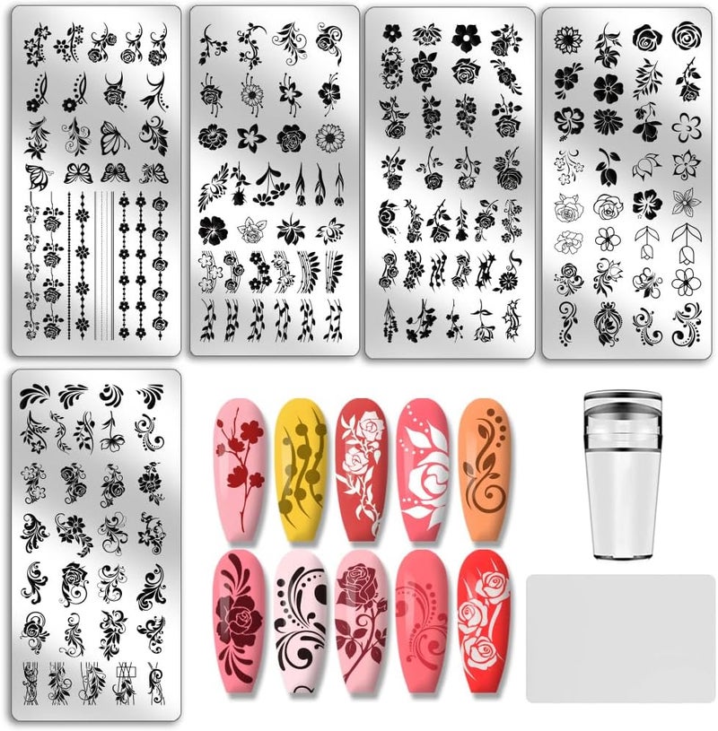 PH PandaHall 5pcs Flower Nail Stamping Plates Rose Nails Art Stencils Swirl Pattern Nail Art Templates Butterflies Naisl Design Stamp Plate with Stamper and Scrape for Women DIY Print Manicure Salon