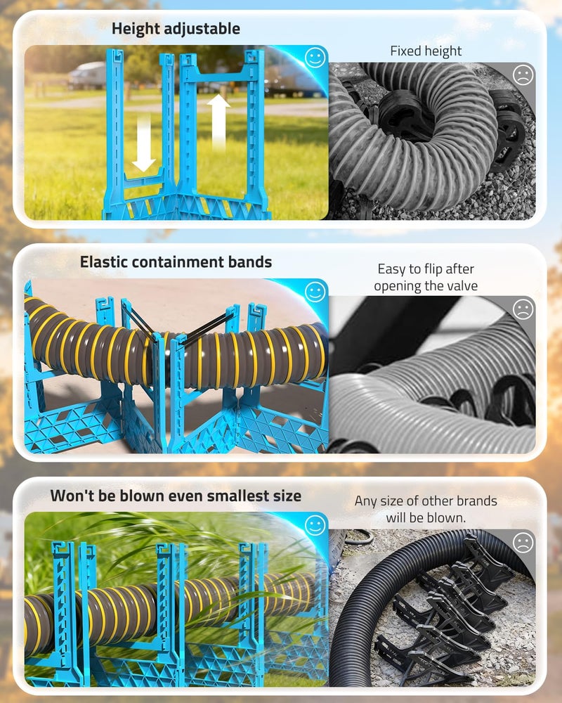 PAULINN 20FT RV Camper Sewer Hose Support, Height Adjustable Sewer Hose Support for RV Camper, Deep Cradles Design, Quick Setup and Takedown, w/Secure Rubber Band & Carrying Strap - Image 5