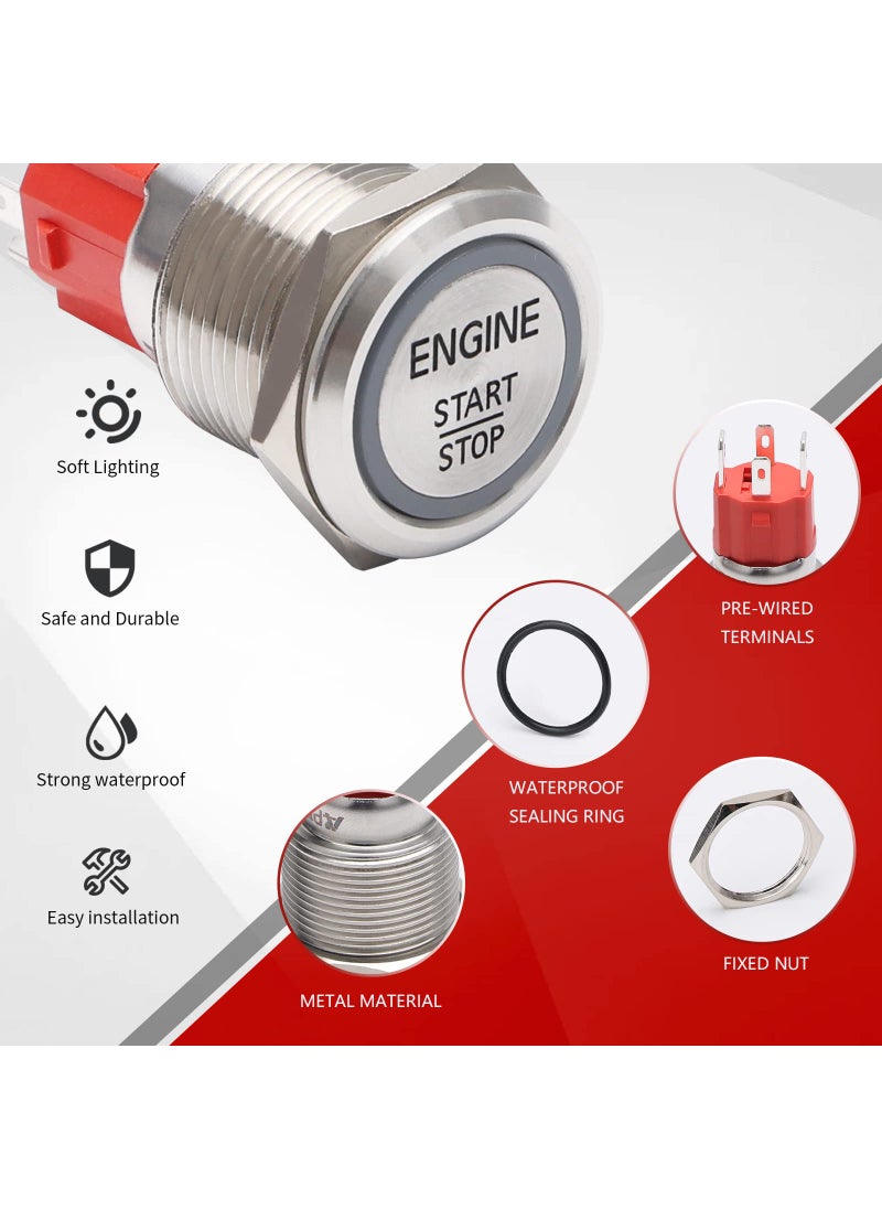 APIELE APIELE Push Start Ignition Switch, Off-(ON) Instant Engine Start Push Button Switch 19mm, 12V Waterproof Car Engine Push Button Switch with LED Light for Car(Blue LED)  - Image 3