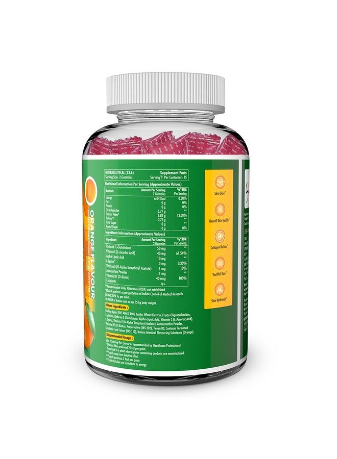 NATURYZ L-Glutathione with Biotin 2-in-1 Gummies | Vitamin C, Vitamin E & Astaxanthin | Skin Glow, Brightening, Depigmentation, Hair Growth for Men & Women | No added sugar- 30 Gummies (Orange) - Image 2