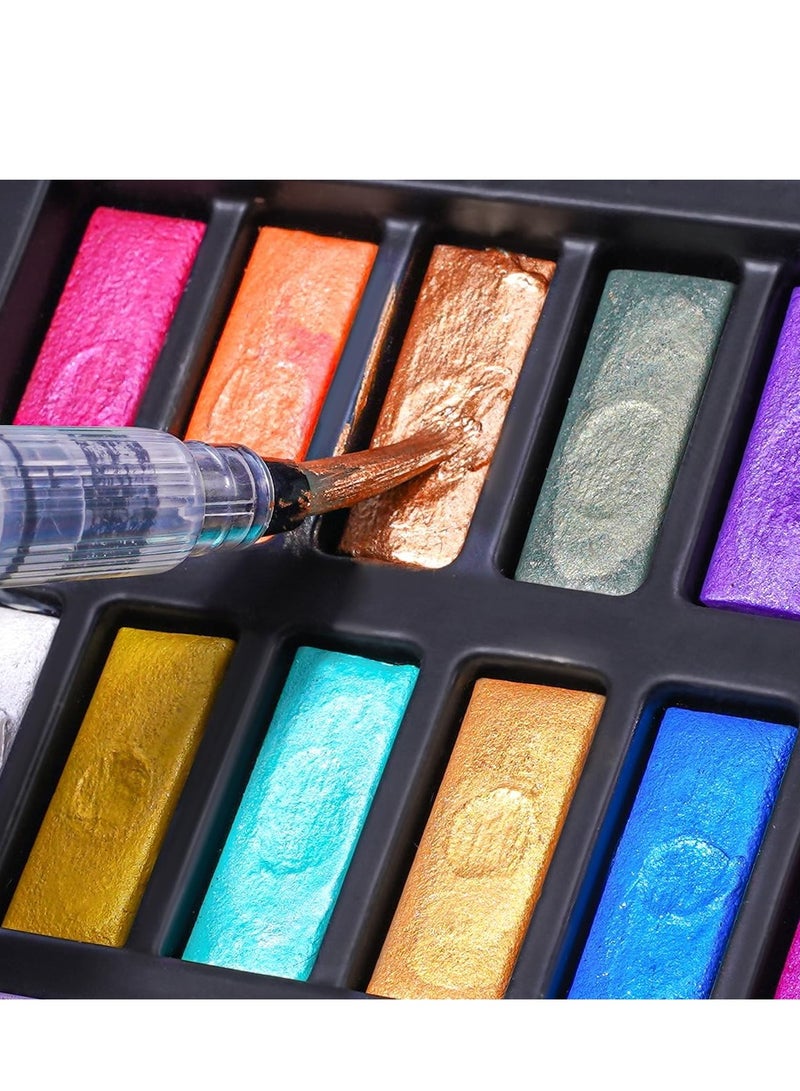 Generic Watercolor Paint Set Portable Travel Watercolor Set with Water Brush Pen Pencil Eraser Watercolor for Adult Beginner 18 Colors Glitter Watercolor Paint 12 Metallic Colors 6 Chameleon Colors  - Image 4