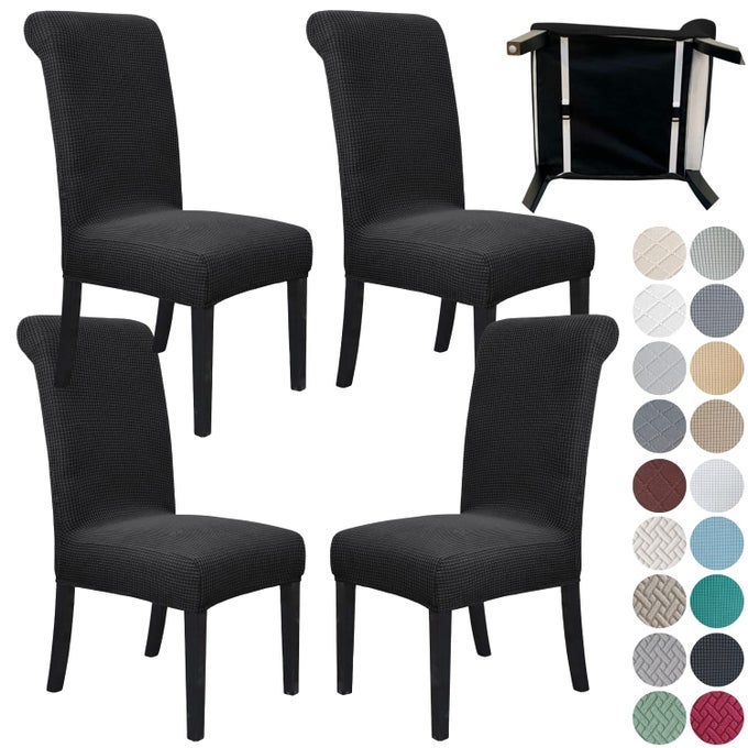 4 PACK DINING ROOM CHAIR COVERS WITH SEAT BELT STRETCH PARSONS CHAIR SLIPCOVER WASHABLE KITCHEN DINING CHAIR COVER REMOVABLE SEAT PROTECTOR SET OF 4 S1 BLACK
