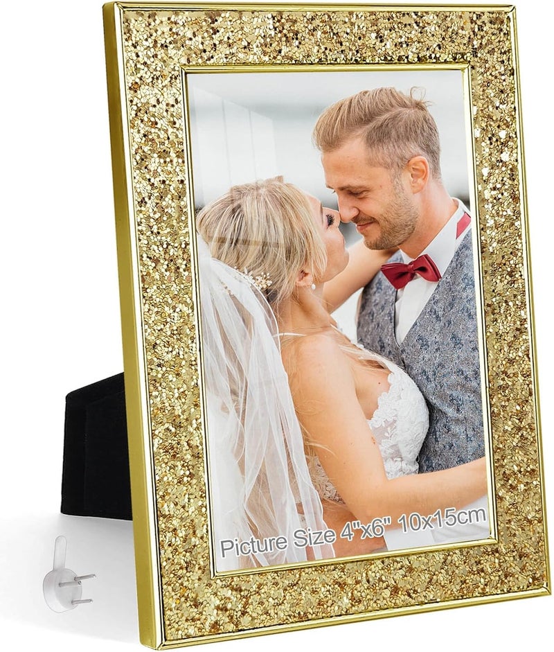 4x6 Picture Frame Gold Bling Rectangle Photo Frames Glitter with HD Real Glass Vertical Tabletop Wall Display Perfect for Home Decor Commemorate Wedding and Graduation Art Gold - Image 1