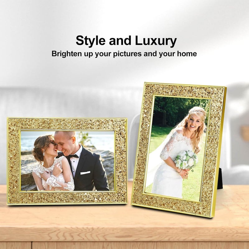 4x6 Picture Frame Gold Bling Rectangle Photo Frames Glitter with HD Real Glass Vertical Tabletop Wall Display Perfect for Home Decor Commemorate Wedding and Graduation Art Gold - Image 3