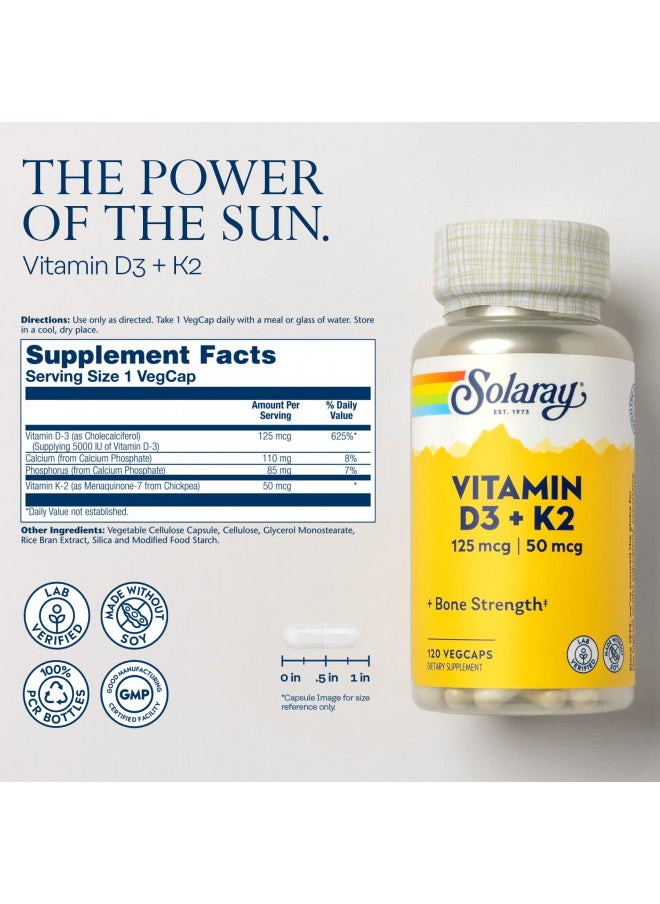 SOLARAY Vitamin D3 + K2, D & K Vitamins for Calcium Absorption and Support for Healthy Cardiovascular System & Arteries, Non-GMO & No Soy (120 Servings, 120 VegCaps)