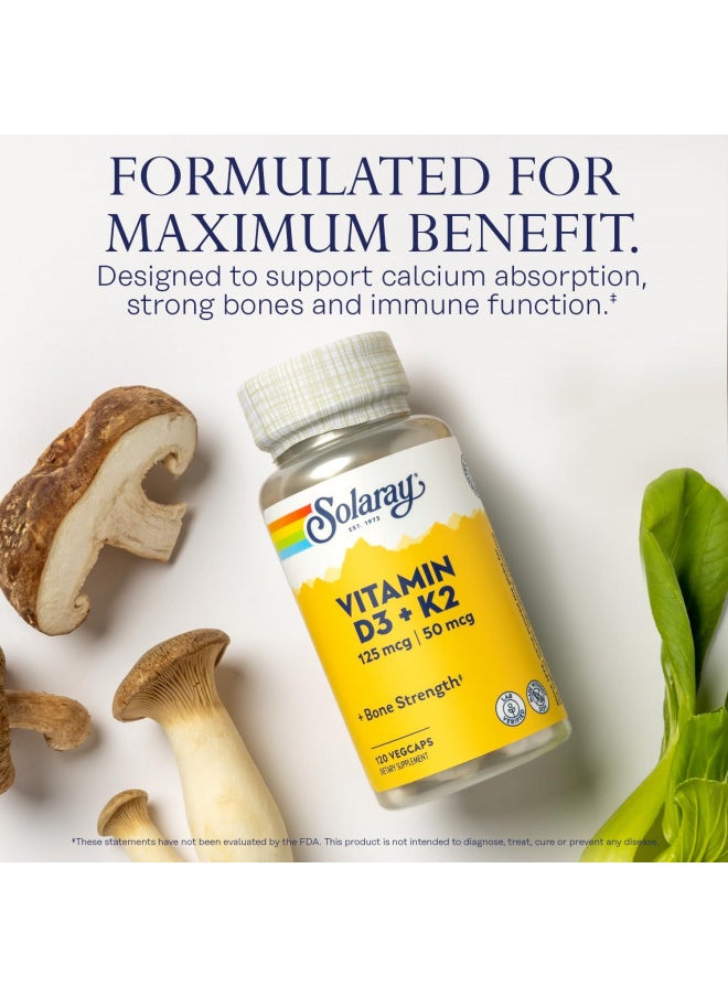 SOLARAY Vitamin D3 + K2, D & K Vitamins for Calcium Absorption and Support for Healthy Cardiovascular System & Arteries, Non-GMO & No Soy (120 Servings, 120 VegCaps)