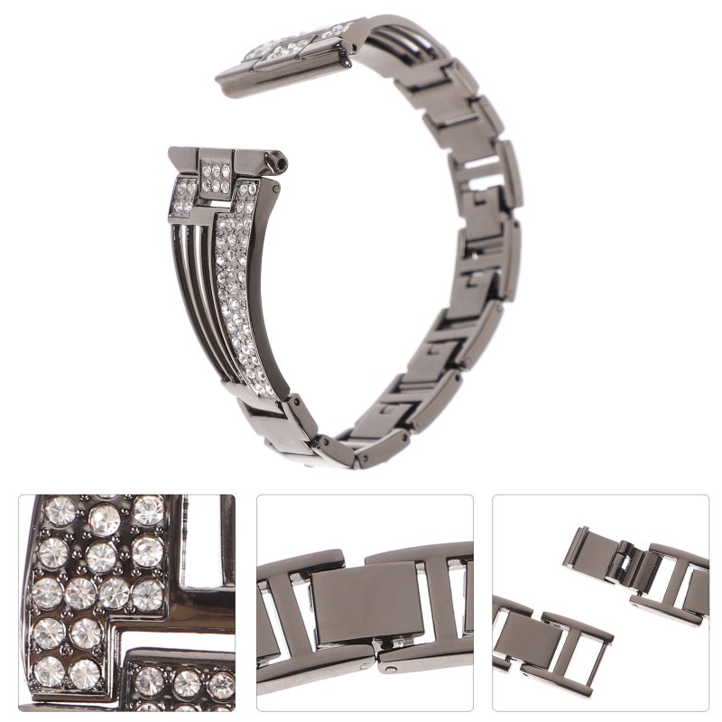 1Pc Stainless Steel Watch Band Delicate Fanshaped Rhinestone Inlaid Wristband Replacement Strap Compatible for Fitbit (Black) - Image 1