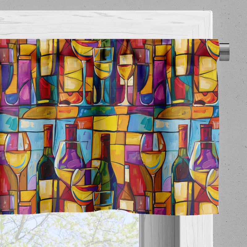 Ambesonne Ambesonne Colorful Valance & Tier Curtain 3 pcs Set  Avant-Garde Wine Bottles and Cups Abstract Paint with Geometric Shapes  Window Treatments for Kitchen Room Decor  55"" x 24""  Purple Blue Multicolor - Image 4
