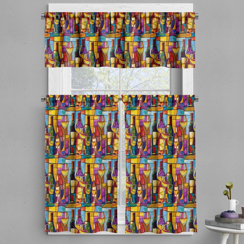 Ambesonne Ambesonne Colorful Valance & Tier Curtain 3 pcs Set  Avant-Garde Wine Bottles and Cups Abstract Paint with Geometric Shapes  Window Treatments for Kitchen Room Decor  55"" x 24""  Purple Blue Multicolor - Image 1