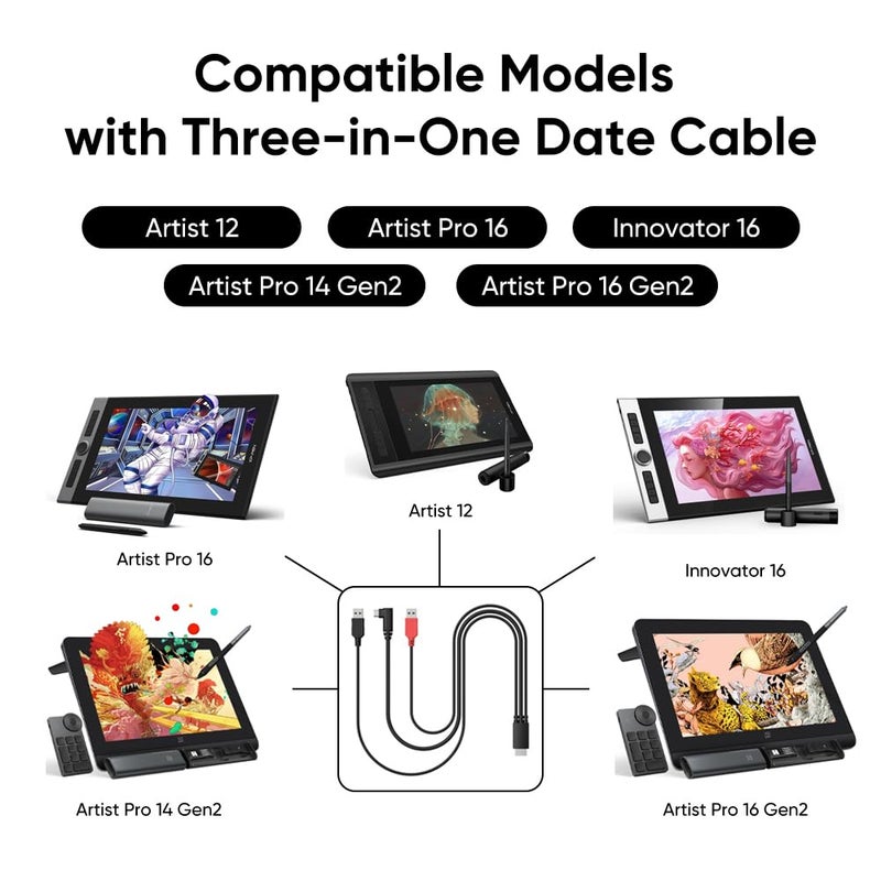 XPPen AC97 3 in 1 Cable for Artist 12, Artist 10/12/13/16 2nd, Artist Pro 14(Gen2)/16(Gen2), Innovator 16 Drawing Tablet - Creative Pen Display Cable - Image 2