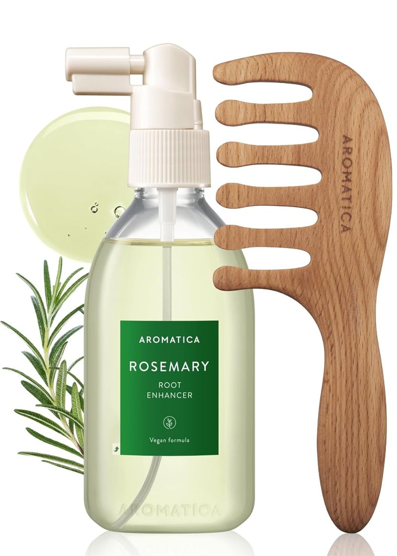 AROMATICA Rosemary Root Enhancer & Wooden Scalp Massager Set - Hair Scalp Massager with Rosemary Water Scalp Serum for Hair Growth, hair care for women