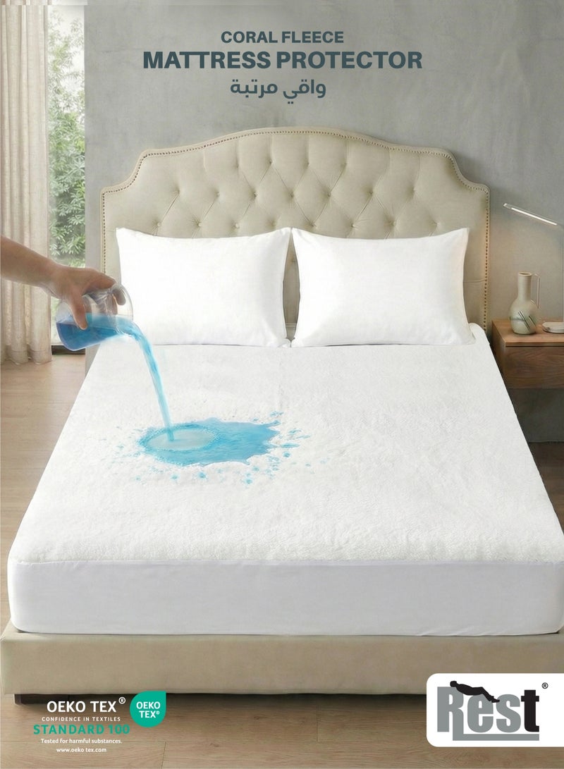 REST  Coral Fleece White Waterproof Mattress Protector Hypoallergenic Comfortable Breathable Stain-resistant For Healthier Sleeping Experience Bedding Washable with 35 cm Deep Pocket (180x200cm) - Image 1