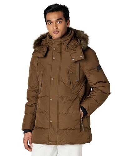 Andrew Marc Men's Mid Length Down Jacket, CAPPUCINO (GATTICA), Large - Image 1