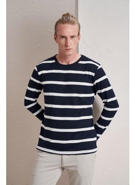 Tena Men's Navy Blue Crew Neck Horizontal Striped Waffle Sweatshirt  - Image 1