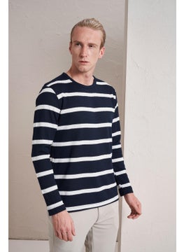 Tena Men's Navy Blue Crew Neck Horizontal Striped Waffle Sweatshirt  - Image 2