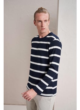 Tena Men's Navy Blue Crew Neck Horizontal Striped Waffle Sweatshirt  - Image 3