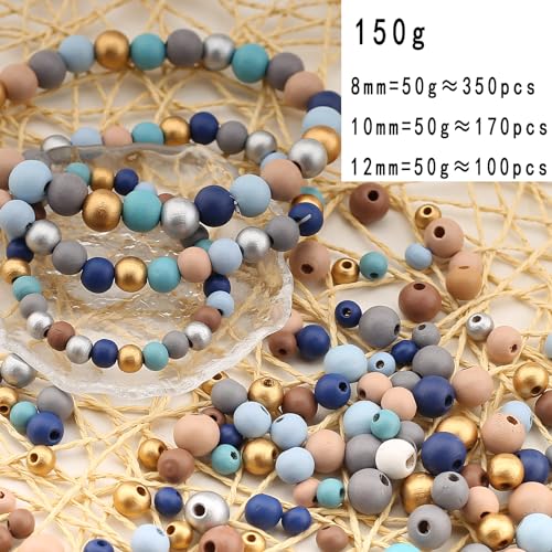 HERZWILD 620Pcs Colorful Round Wooden Beads Assorted Color Natural Wooden Beads Blue Festival Wooden Beads Painted Wood Spacer Loose Beads for DIY Jewelry Making Supplies(8/10/12mm) - Image 2