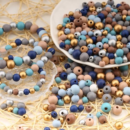 HERZWILD 620Pcs Colorful Round Wooden Beads Assorted Color Natural Wooden Beads Blue Festival Wooden Beads Painted Wood Spacer Loose Beads for DIY Jewelry Making Supplies(8/10/12mm) - Image 5