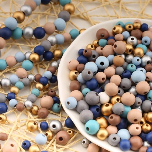 HERZWILD 620Pcs Colorful Round Wooden Beads Assorted Color Natural Wooden Beads Blue Festival Wooden Beads Painted Wood Spacer Loose Beads for DIY Jewelry Making Supplies(8/10/12mm) - Image 3