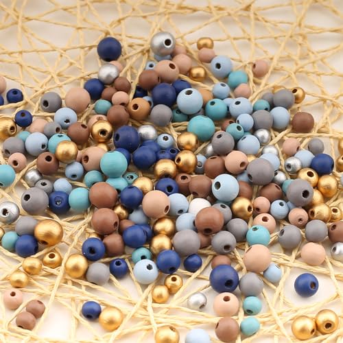 HERZWILD 620Pcs Colorful Round Wooden Beads Assorted Color Natural Wooden Beads Blue Festival Wooden Beads Painted Wood Spacer Loose Beads for DIY Jewelry Making Supplies(8/10/12mm) - Image 4