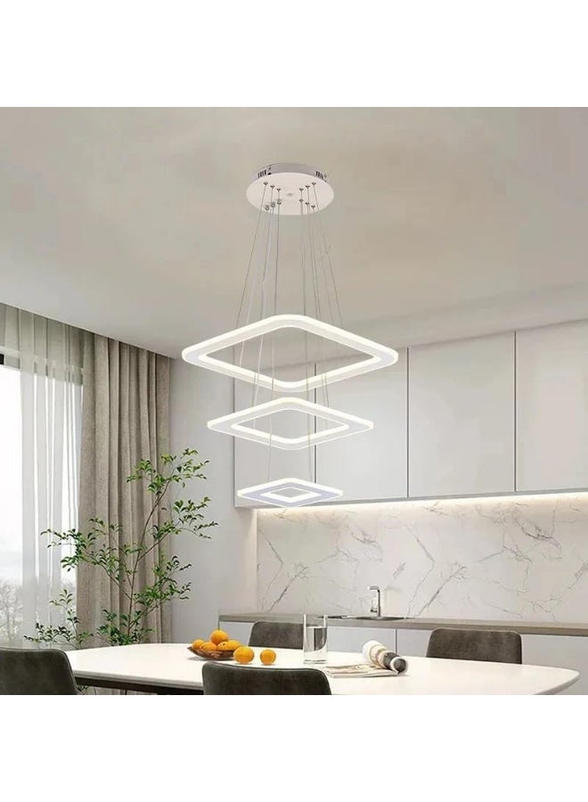 Modern LED Pendant Light with Geometric Square Rings | Adjustable Hanging Ceiling Light for Dining Room, Kitchen Island & Living Room | Energy Saving Contemporary Chandelier