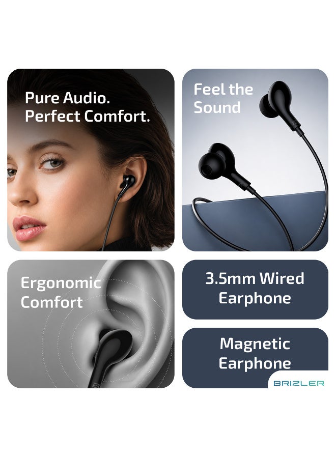 Brizler 3.5mm Wired In-Ear Earphones With Magnetic Suction Earbuds, Deep Bass Stereo Sound, In-Line Microphone & Tactile Volume Control For Clear Calls - Black - Image 2