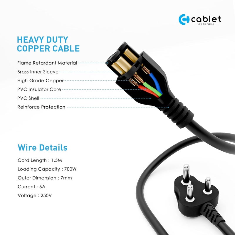 Cablet 1.5M Black 3 Pin Laptop Power Cable with 18 AWG & 700W Heavy Duty Universal Power Cable Replacement for Charger Adapter Power Cord for Laptop - Image 3