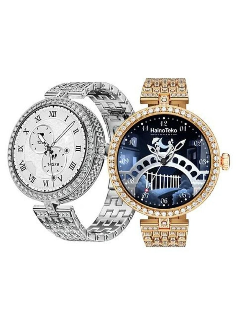 هينو تيكو ساعة ذكية RW51 للسيدات - شاشة AMOLED دائرية، شاحن لاسلكي متضمن، متتبع اللياقة البدنية، معدل ضربات القلب ووضع الرياضة، مقاومة للماء، متوافقة مع Android وiOS - فضي - Image 1