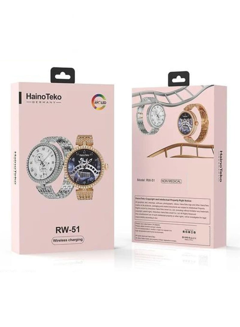هينو تيكو ساعة ذكية RW51 للسيدات - شاشة AMOLED دائرية، شاحن لاسلكي متضمن، متتبع اللياقة البدنية، معدل ضربات القلب ووضع الرياضة، مقاومة للماء، متوافقة مع Android وiOS - فضي - Image 3