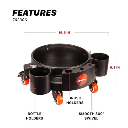 Maxshine Universal Rolling Bucket Dolly Black HeavyDuty Polypropylene with 5 Swivel Wheels 5 Bottle Brush Holders Secure Fit SpillFree Design for Car Wash Auto Detailing Organization - Image 3