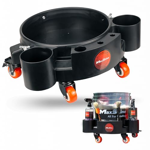 Maxshine Universal Rolling Bucket Dolly Black HeavyDuty Polypropylene with 5 Swivel Wheels 5 Bottle Brush Holders Secure Fit SpillFree Design for Car Wash Auto Detailing Organization - Image 1