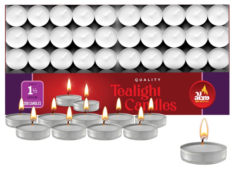 Ner Mitzvah Tealight Candles Tea Lights Candles White Tealights Unscented 15 Hour Burn Time Pack of 200Bulk