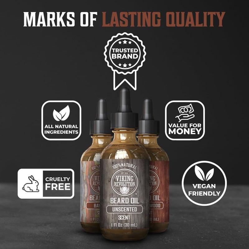 Viking Revolution Beard Oil for Men 3 Pack - Natural Mens Beard Oil Variety Set 2 - Sandalwood, Unscented and Bay Rum Scents - Beard Conditioning and Moisturizing for a Healthy Beard (3 Pack, 1oz) - Image 5