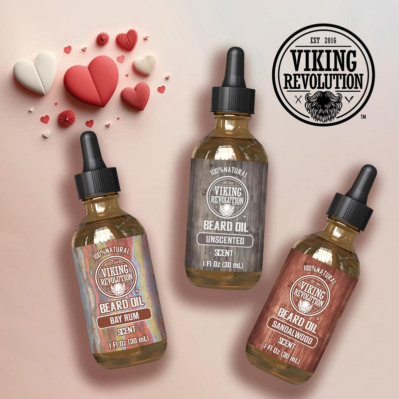 Viking Revolution Beard Oil for Men 3 Pack - Natural Mens Beard Oil Variety Set 2 - Sandalwood, Unscented and Bay Rum Scents - Beard Conditioning and Moisturizing for a Healthy Beard (3 Pack, 1oz) - Image 2