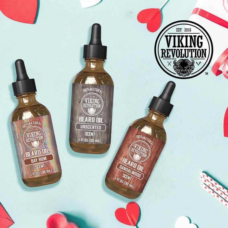 Viking Revolution Beard Oil for Men 3 Pack - Natural Mens Beard Oil Variety Set 2 - Sandalwood, Unscented and Bay Rum Scents - Beard Conditioning and Moisturizing for a Healthy Beard (3 Pack, 1oz) - Image 3