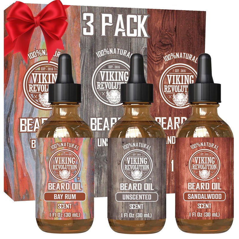 Viking Revolution Beard Oil for Men 3 Pack - Natural Mens Beard Oil Variety Set 2 - Sandalwood, Unscented and Bay Rum Scents - Beard Conditioning and Moisturizing for a Healthy Beard (3 Pack, 1oz) - Image 1