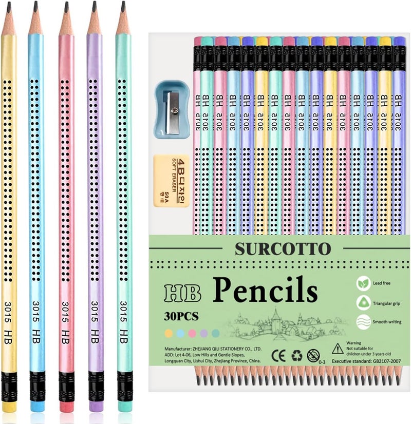Surcotto HB pencils, 30 HB pencils with eraser and sharpener, pre-sharpened triangular pencils for children's writing and drawing at school and home (New Package) - Image 1