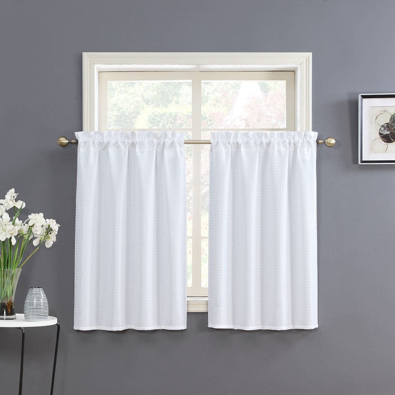 Home Queen White Water Resistant Bathroom Window Curtain, Waffle Textured Half Tier Curtains for Kitchen Cafe, 36" W X 45" L Inches, Set of 2 - Image 1