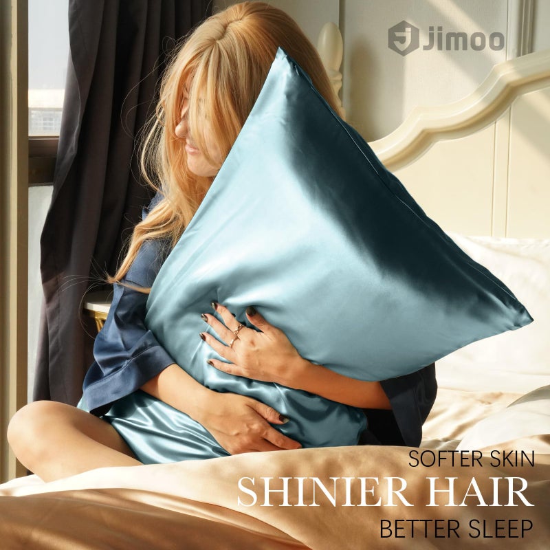J JIMOO 100% Mulberry Silk Pillowcase for Hair and Skin, 22 Momme Pure Natural Silk Pillow Case Both Sided with Zipper, Pillow Cover for Women Mom Men (Airy Blue, Standard 20''Ã—26'', 1 Pack) - Image 2