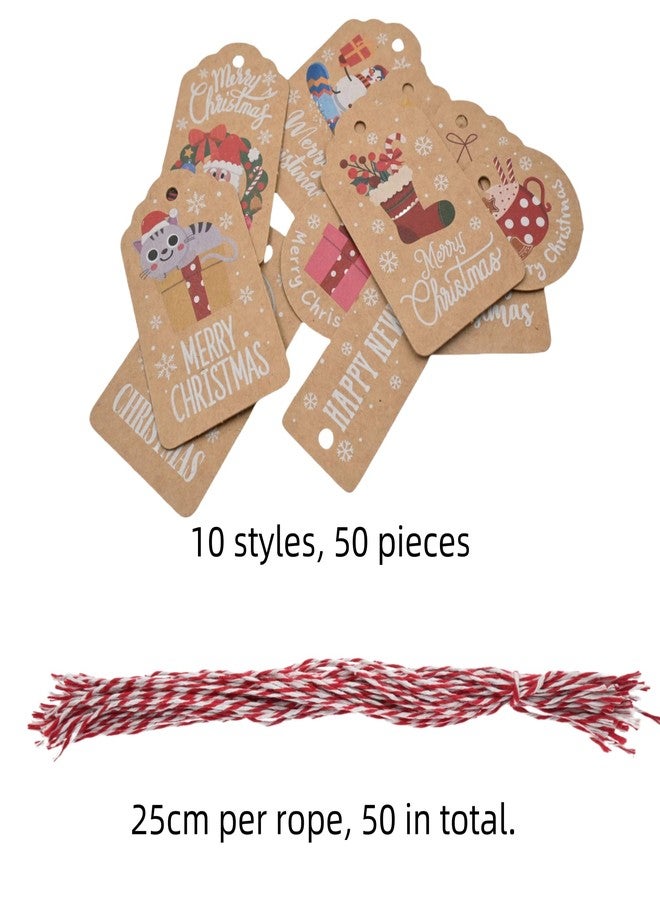 RIKWOG 50Pcs Christmas Tags, 10 Styles Xmas Kraft Paper Gift Tag Hang Labels with String for Christmas Wrap DIY Xmas Present - Image 3