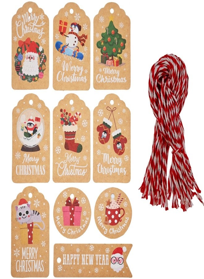 RIKWOG 50Pcs Christmas Tags, 10 Styles Xmas Kraft Paper Gift Tag Hang Labels with String for Christmas Wrap DIY Xmas Present - Image 1