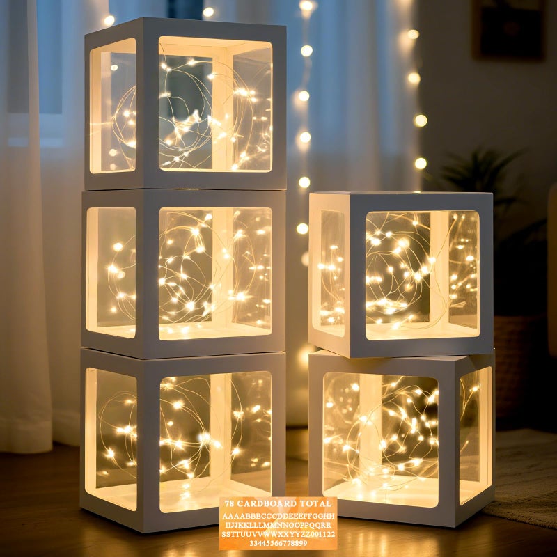 Ledido Transparent Balloon Boxes, Clear Balloon Boxes with 5 Pcs String Lights and 78 Letters for Baby Shower Gender Reveal Grad Birthday Party Anniversary Bridal Wedding Decor - 5 White Boxes - Image 1