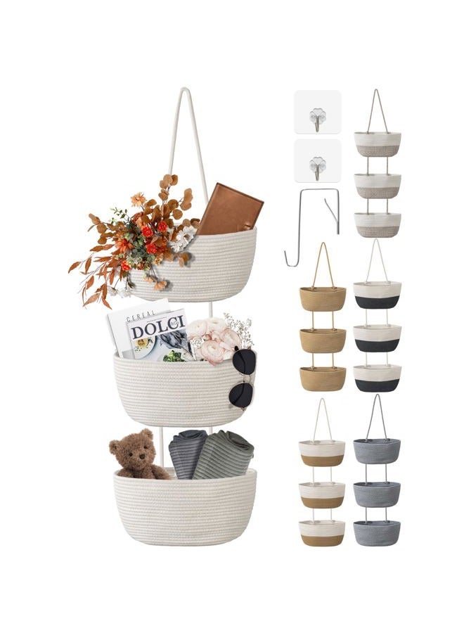 Wymulot 3 Tier Wall Mounted Woven Hanging Basket, Over the Door Hanging Basket with Hooks, Decorative Storage Hanging Closet Removable, Large Wall Basket for Living Room, Bedroom, Kitchen (White) - Image 1