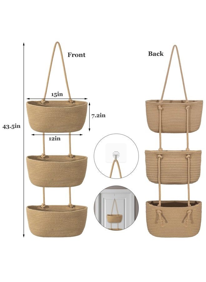 Wymulot 3 Tier Wall Mounted Woven Hanging Basket, Over the Door Hanging Basket with Hooks, Decorative Storage Hanging Closet Removable, Large Wall Basket for Living Room, Bedroom, Kitchen (White) - Image 2