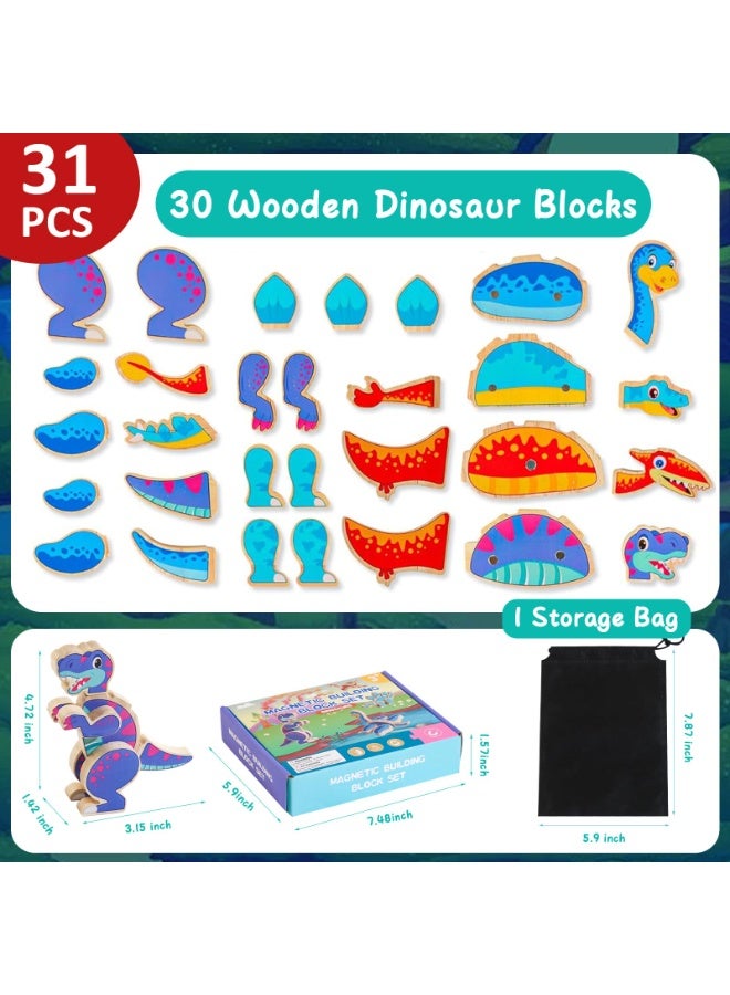 لبنات ديناصورات مغناطيسية - مجموعة لعبة ديناصورات خشبية قابلة للفصل، لعبة تعليمية STEM ومونتيسوري لمهارات الحركات الدقيقة، هدية ما قبل المدرسة للأطفال من 3 إلى 6 سنوات - Image 4