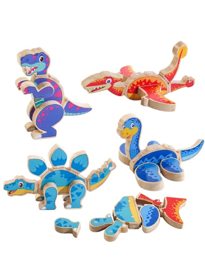 لبنات ديناصورات مغناطيسية - مجموعة لعبة ديناصورات خشبية قابلة للفصل، لعبة تعليمية STEM ومونتيسوري لمهارات الحركات الدقيقة، هدية ما قبل المدرسة للأطفال من 3 إلى 6 سنوات - Image 1